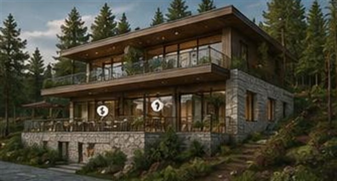 Restoran terası ve doğal taş bodrum duvarıyla yapının yan görünümü
