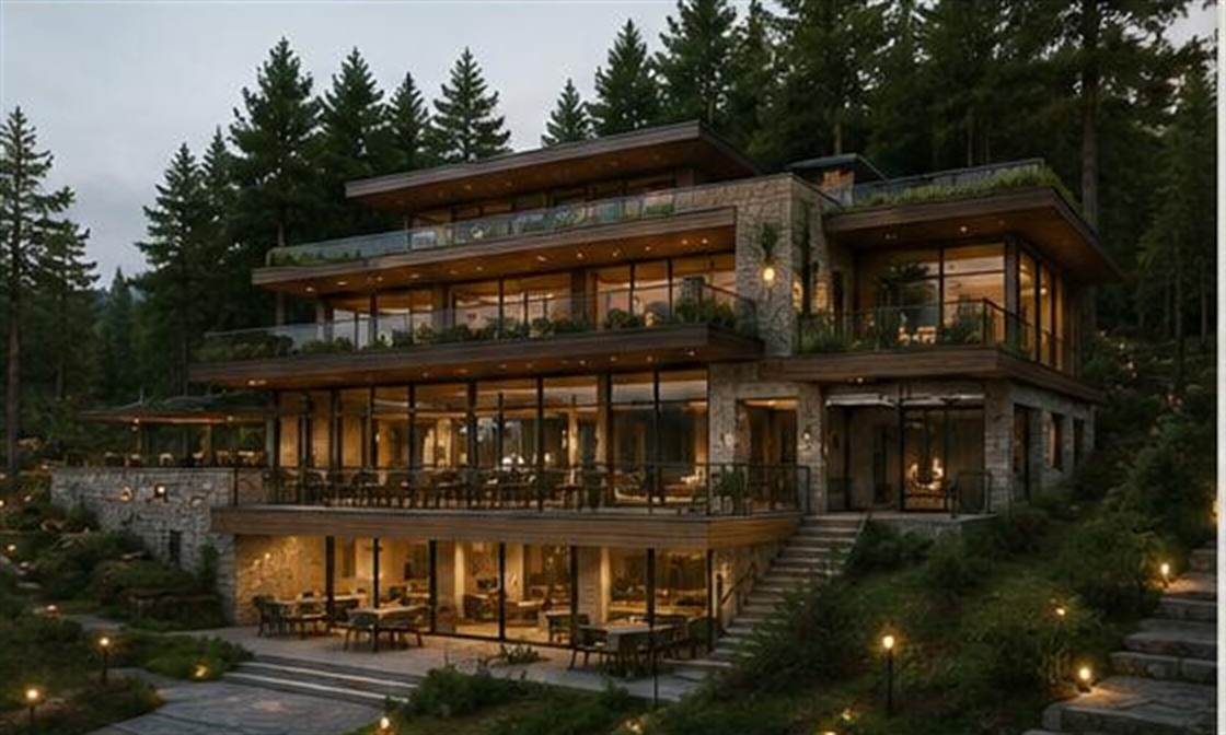 Ormanın içinde, arazi eğimine oturan üç katlı spa ve restaurant yapısı