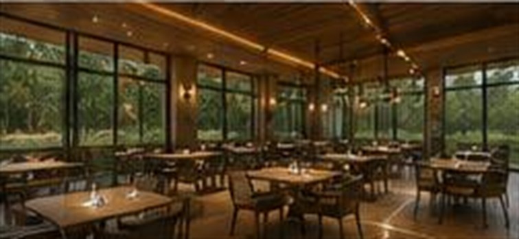 Restaurant iç mekânı: ahşap tavan, tam boy cam cephe ve orman manzarası