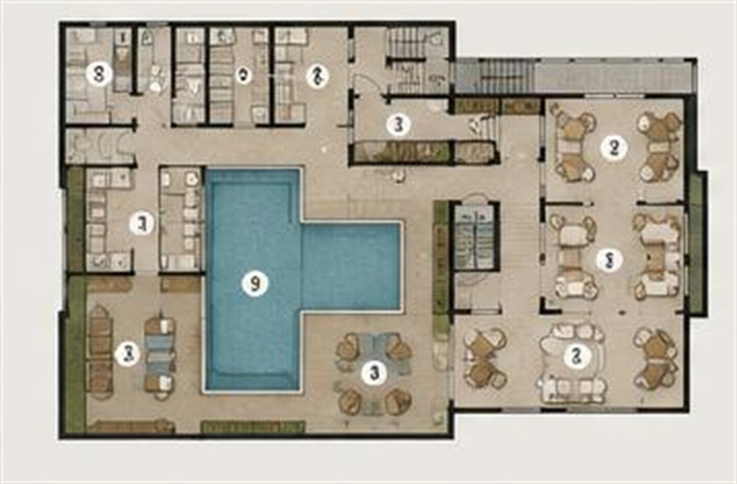 −1. kat spa katı planı: kapalı havuz, hamam, sauna, masaj odaları ve dinlenme alanı